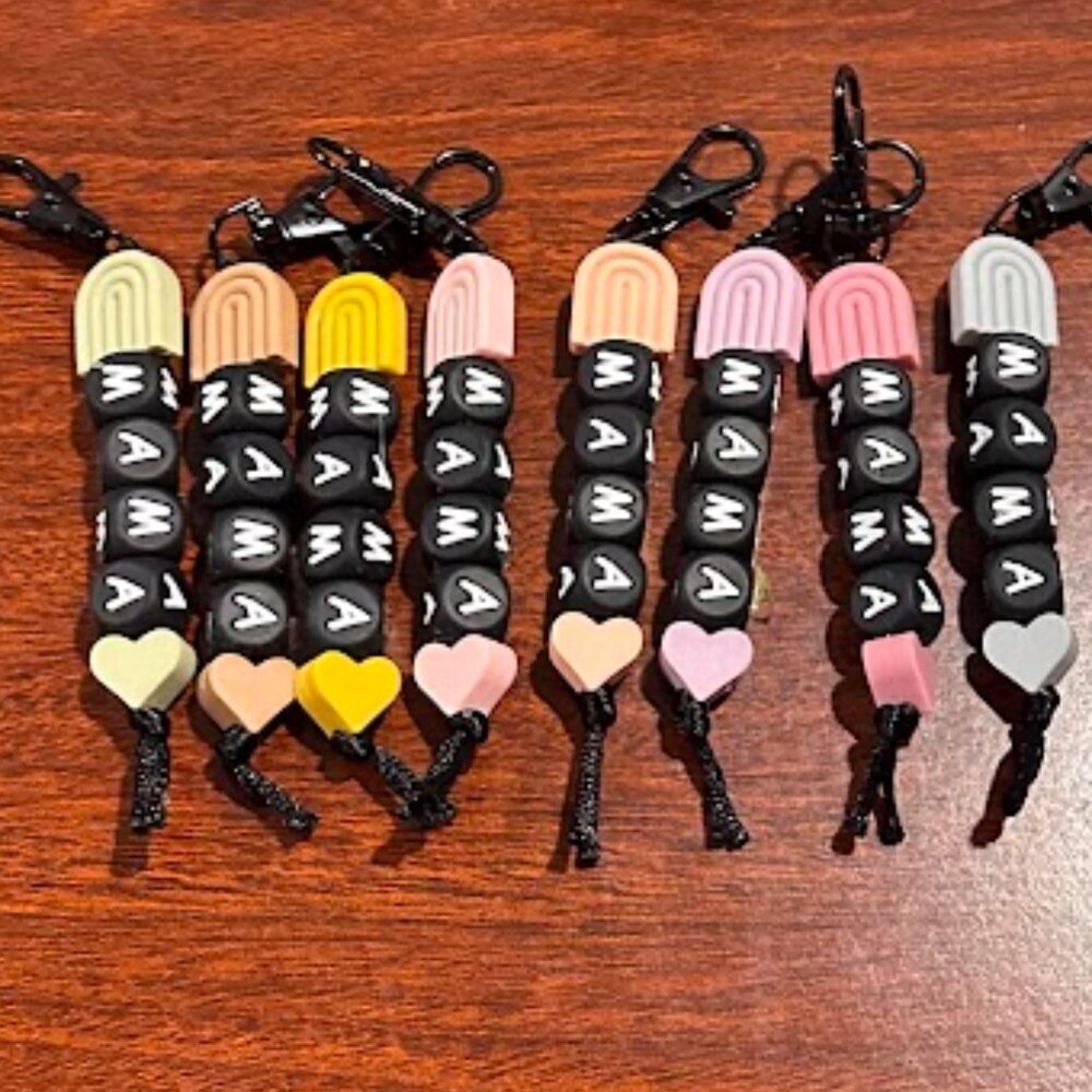 **SET OF 8** Mama Letter Blocks Rainbow Silicone Beaded Pastels Bag Charms